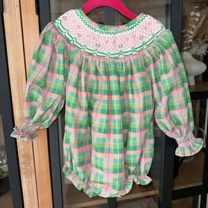 Poppy Kids Co smocked bubble romper long sleeve embroidered flowers plaid roses